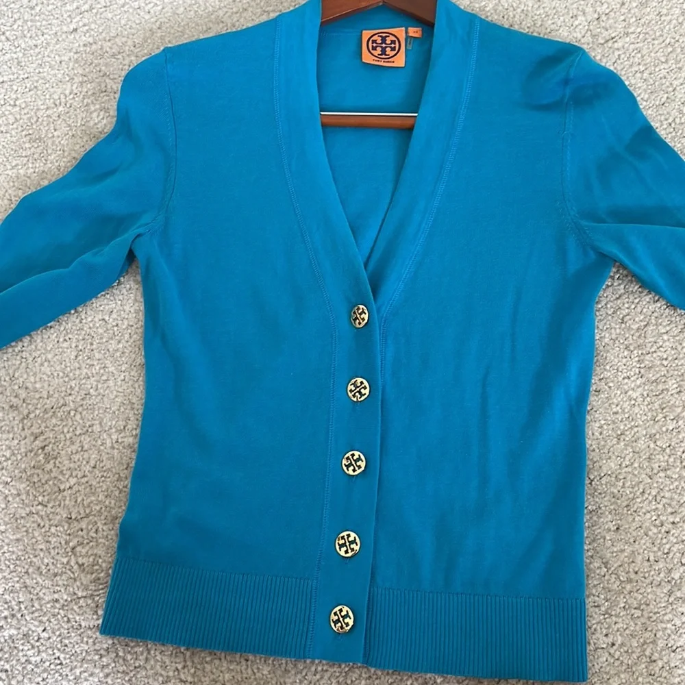 Tory Burch Teal V-Neck Button Cardigan